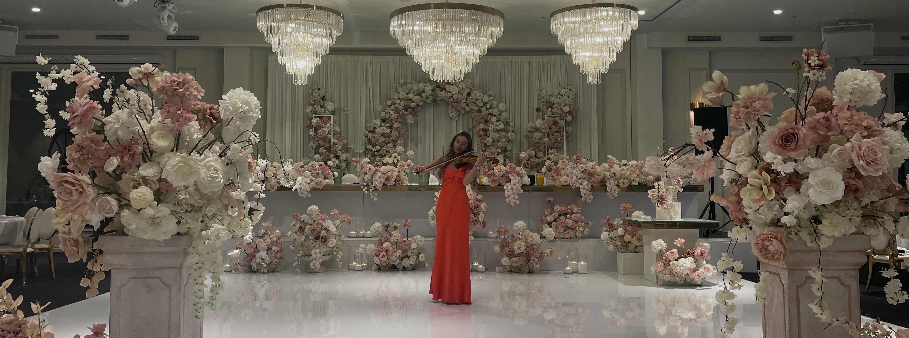 Banner of Tali playing violin at wedding reception
